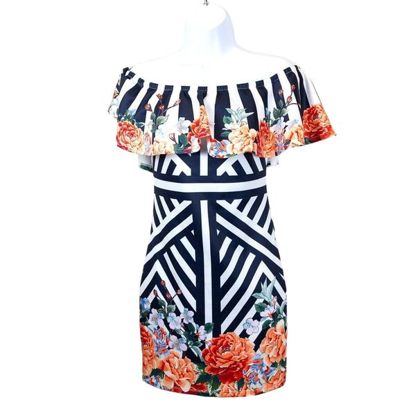 Akira Chicago Black Label Striped Floral Scuba Sheath Dress, Small - Picture 1 of 6